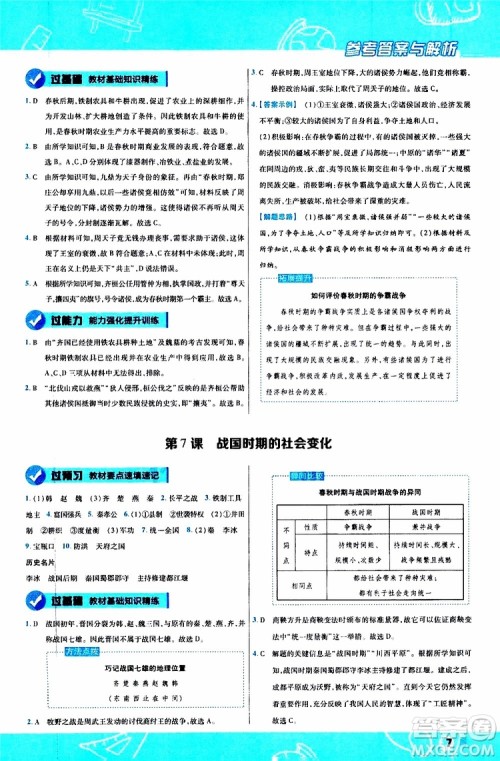 2020版一遍过初中历史七年级上册RJ人教版参考答案