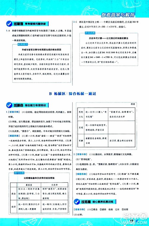 2020版一遍过初中历史七年级上册RJ人教版参考答案