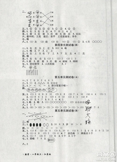 2019年名师点拨培优密卷一年级数学上册江苏版参考答案 2019年名师点拨培优密卷一年级数学上册江苏版参考答案