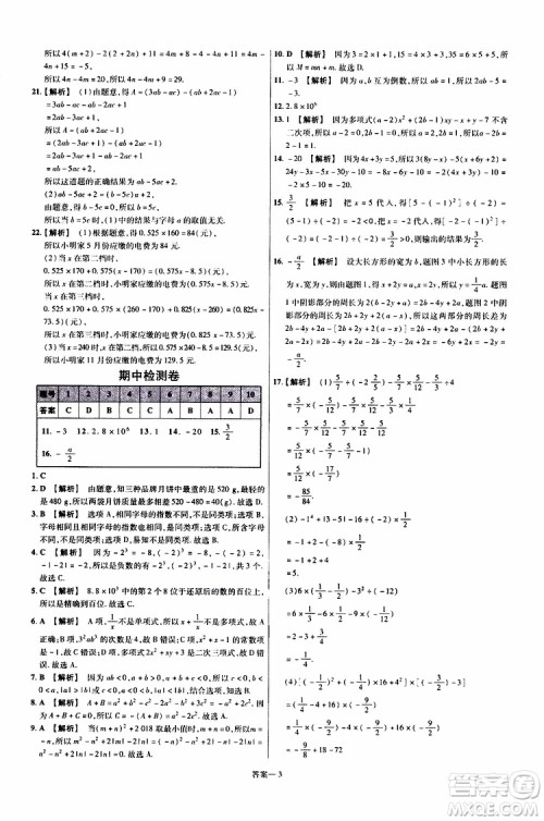 2020版一遍过单元综合能力检测卷初中数学七年级上册RJ人教版参考答案