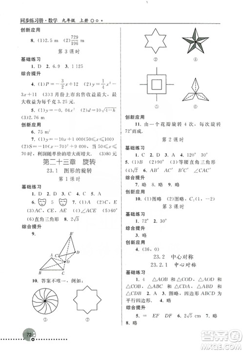 人民教育出版社2019同步练习册九年级数学上册配人教版答案