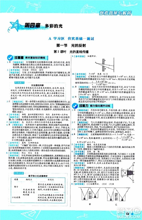 2020版天星教育一遍过初中物理八年级上册HK沪科版参考答案