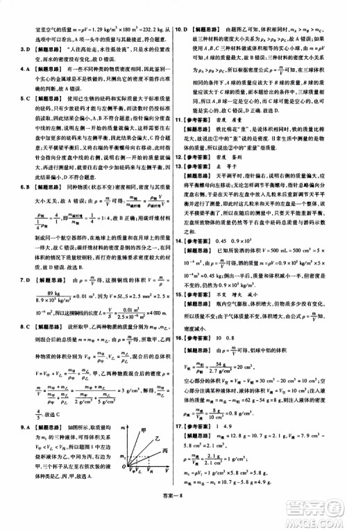 2020版天星教育一遍过单元综合能力检测卷初中物理八年级上册HK沪科版参考答案