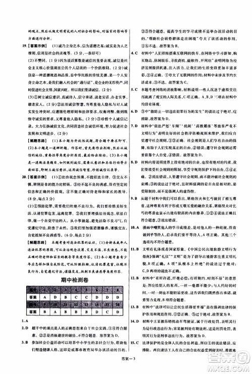 2020版天星教育一遍过单元综合能力检测卷初中道德与法治八年级上册RJ人教版参考答案