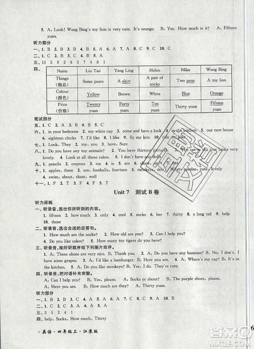 2019年名师点拨培优密卷四年级英语上册江苏版参考答案