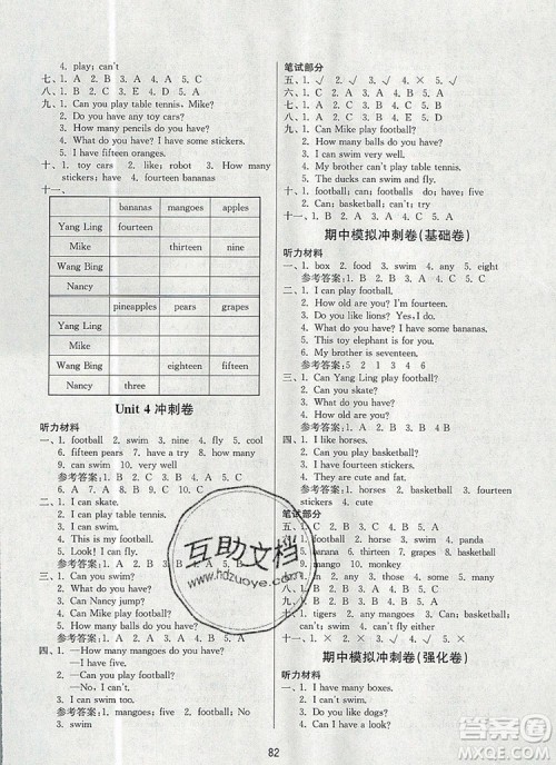 2019年名师点拨期末冲刺满分卷四年级英语上册参考答案