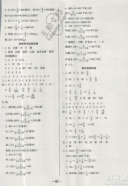 2019年名师点睛满分卷六年级数学上册人教版参考答案