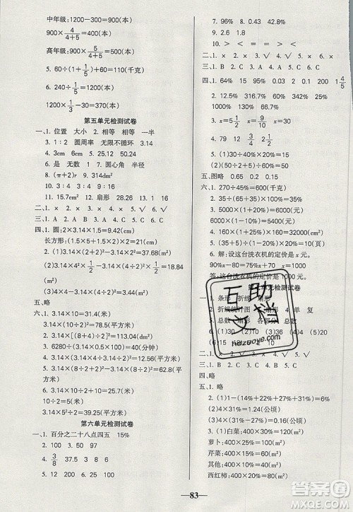 2019年名师点睛满分卷六年级数学上册人教版参考答案