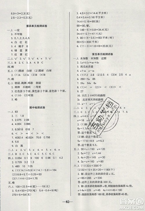 2019年名师点睛满分卷五年级数学上册人教版参考答案