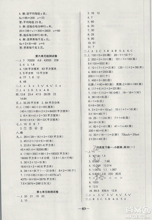 2019年名师点睛满分卷五年级数学上册人教版参考答案