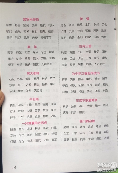 宇轩图书2019新版阳光同学默写小达人语文四年级上册参考答案