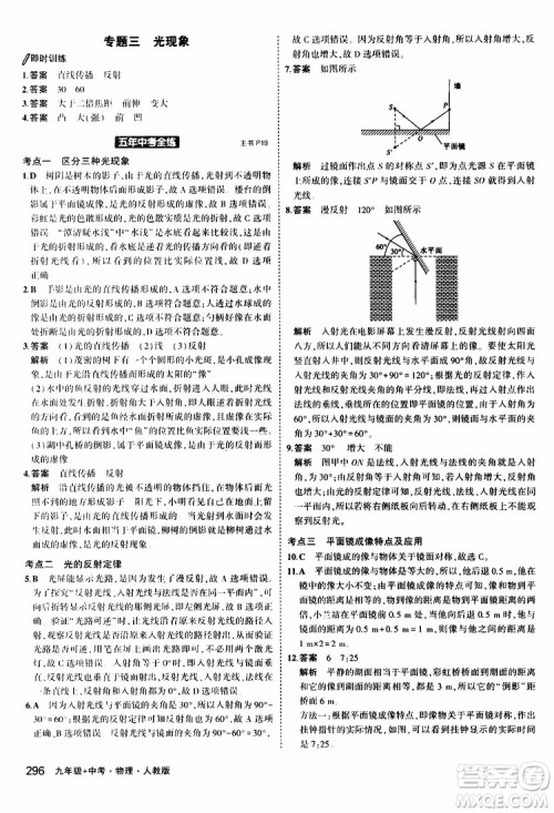 曲一线2020版5年中考3年模拟九年级+中考物理人教版参考答案