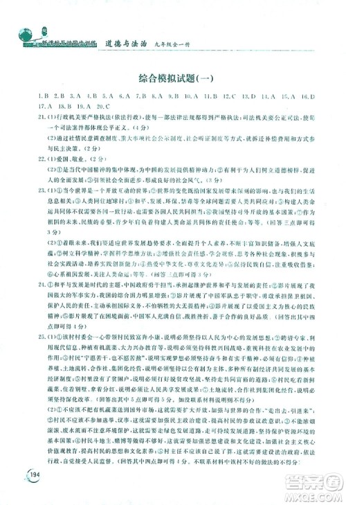 2019新课标互动同步训练九年级道德与法治全一册人教版答案