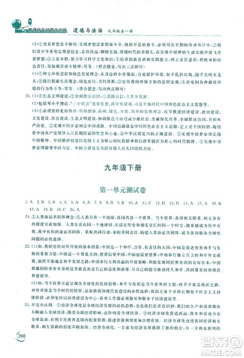 2019新课标互动同步训练九年级道德与法治全一册人教版答案