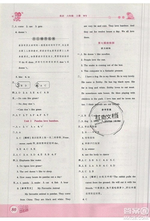 2019年王朝霞创维新课堂六年级英语上册外研版参考答案