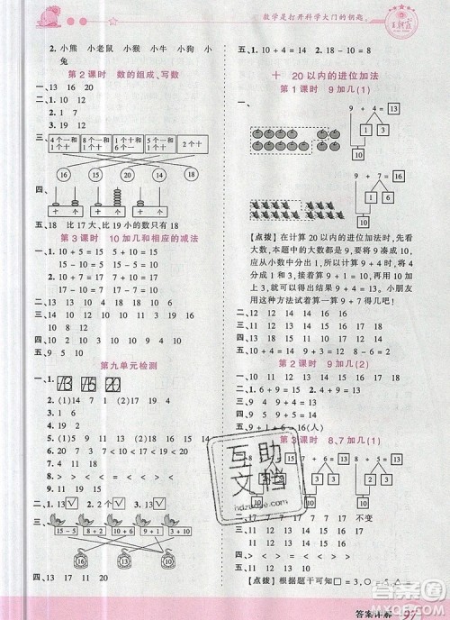 2019年王朝霞创维新课堂一年级数学上册苏教版参考答案