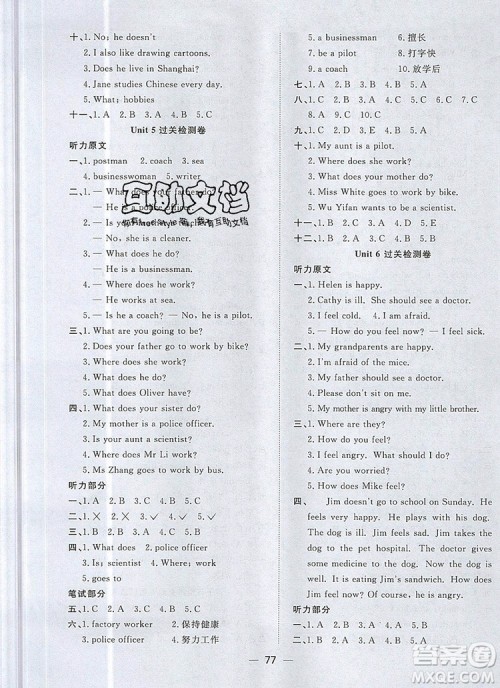 2019年阳光同学一线名师全优好卷六年级英语上册人教PEP版参考答案 2019年阳光同学一线名师全优好卷六年级英语上册人教PEP版参考答案