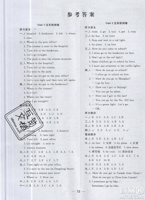 2019年阳光同学一线名师全优好卷六年级英语上册人教PEP版参考答案 2019年阳光同学一线名师全优好卷六年级英语上册人教PEP版参考答案