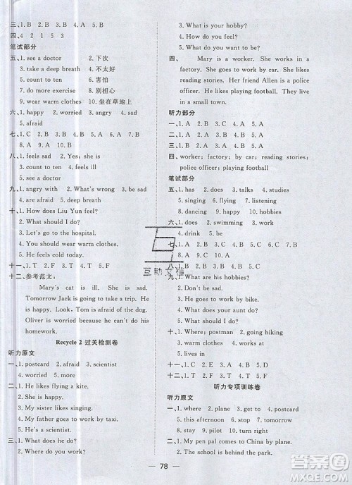 2019年阳光同学一线名师全优好卷六年级英语上册人教PEP版参考答案