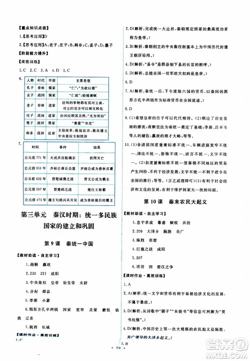 2019年初中同步测控优化设计历史七年级上册人教版参考答案