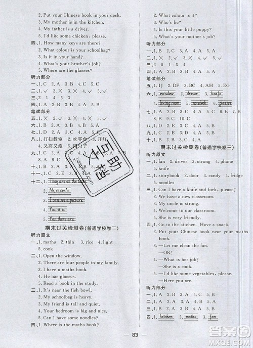 2019年阳光同学一线名师全优好卷四年级英语上册人教PEP版参考答案 2019年阳光同学一线名师全优好卷四年级英语上册人教PEP版参考答案