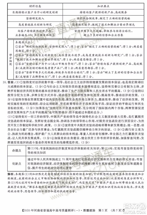 2020届河南大象联考测评一政治试题及参考答案 2020届河南大象联考测评一政治试题及参考答案