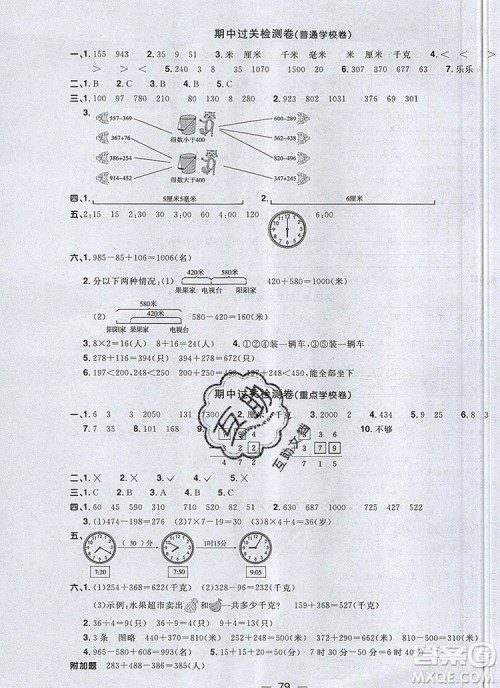 2019年阳光同学一线名师全优好卷三年级数学上册人教版参考答案