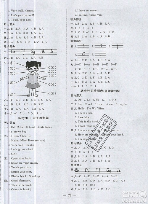 2019年阳光同学一线名师全优好卷三年级英语上册人教PEP版参考答案 2019年阳光同学一线名师全优好卷三年级英语上册人教PEP版参考答案