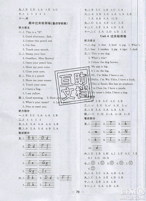 2019年阳光同学一线名师全优好卷三年级英语上册人教PEP版参考答案