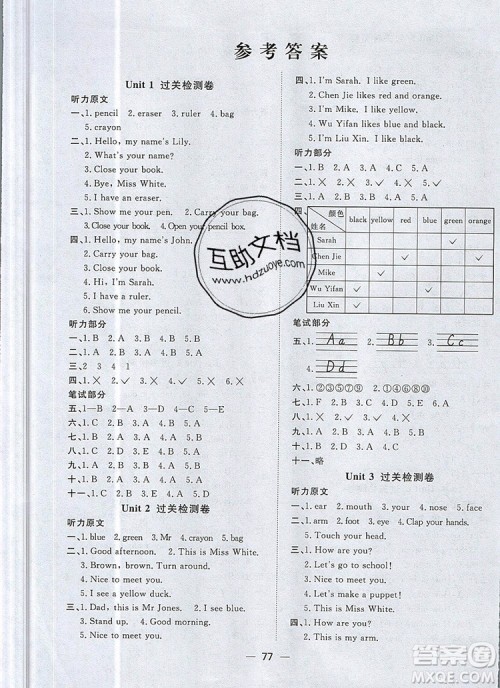 2019年阳光同学一线名师全优好卷三年级英语上册人教PEP版参考答案