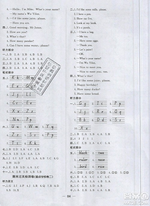 2019年阳光同学一线名师全优好卷三年级英语上册人教PEP版参考答案