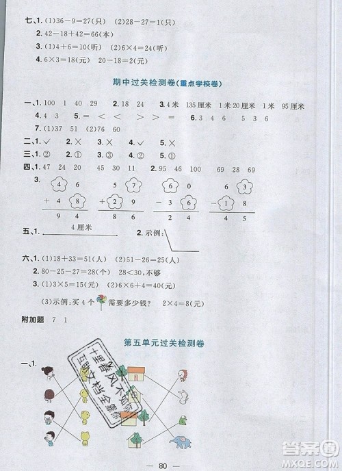 2019年阳光同学一线名师全优好卷二年级数学上册人教版参考答案