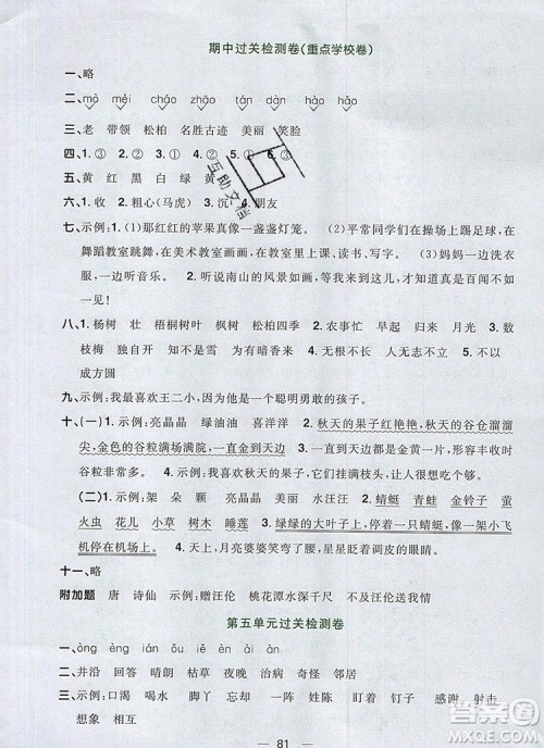 2019年阳光同学一线名师全优好卷二年级语文上册人教版参考答案 2019年阳光同学一线名师全优好卷二年级语文上册人教版参考答案
