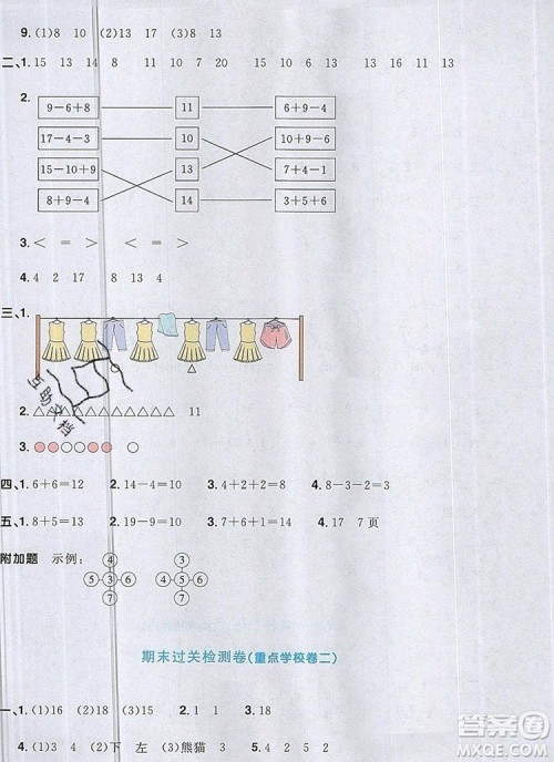 2019年阳光同学一线名师全优好卷一年级数学上册人教版参考答案