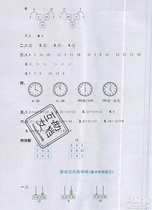 2019年阳光同学一线名师全优好卷一年级数学上册人教版参考答案 2019年阳光同学一线名师全优好卷一年级数学上册人教版参考答案