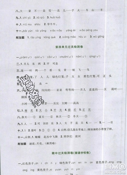 2019年阳光同学一线名师全优好卷一年级语文上册人教版参考答案