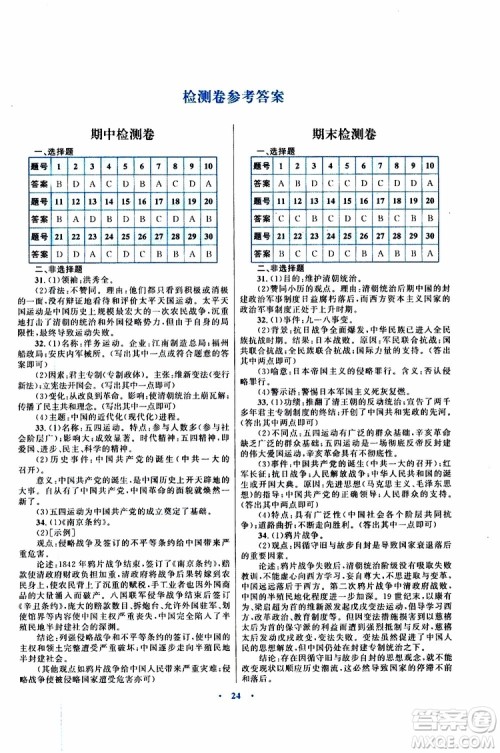 2019年初中同步测控优化设计课堂精练八年级上册中国历史福建专版参考答案