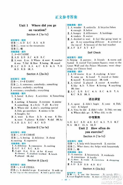 2019年初中同步测控优化设计八年级上册英语人教版参考答案
