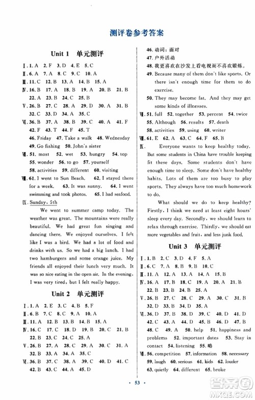 2019年初中同步测控优化设计八年级上册英语人教版参考答案