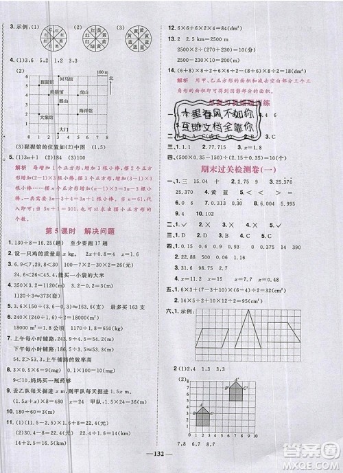 2019年阳光同学课时优化作业五年级数学上册人教版参考答案