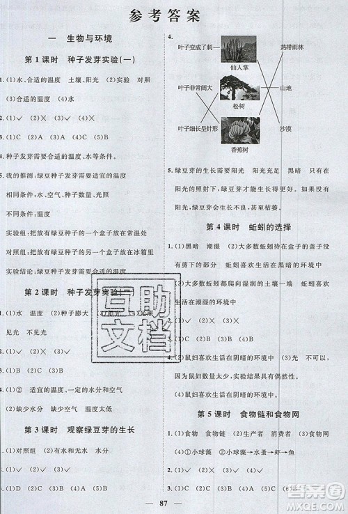 2019年阳光同学课时优化作业五年级科学上册教科版参考答案