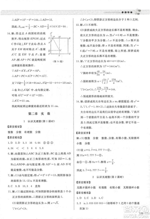 北京师范大学出版社2019课堂精练八年级数学上册北师大版第五版答案