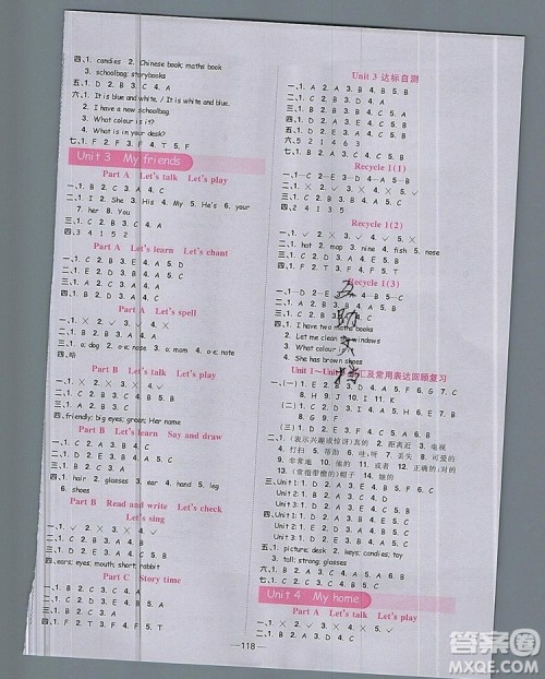 2019年阳光同学课时优化作业四年级英语上册人教版参考答案