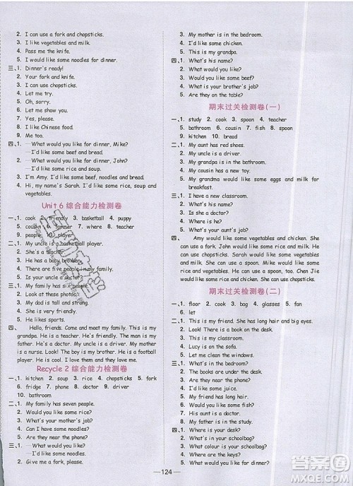 2019年阳光同学课时优化作业四年级英语上册人教版参考答案