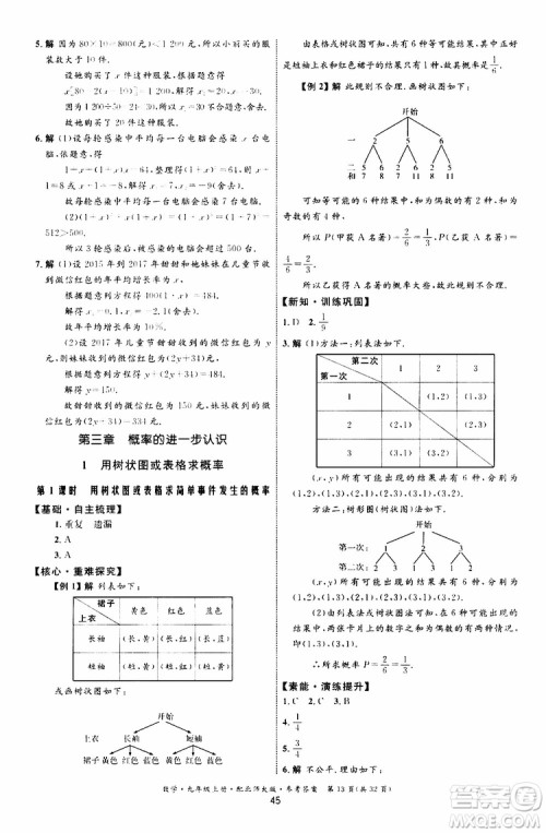 2019年初中同步测控优化设计九年级上册数学BS北师版参考答案