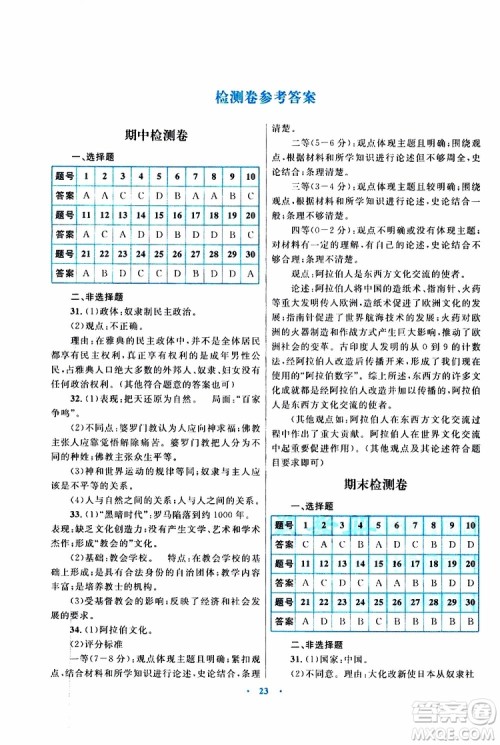 2019年初中同步测控优化设计课堂精练九年级上册世界历史福建专版参考答案