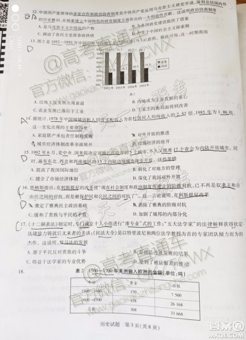 2020届天一大联考高三一联Q皖豫联盟历史试题及参考答案