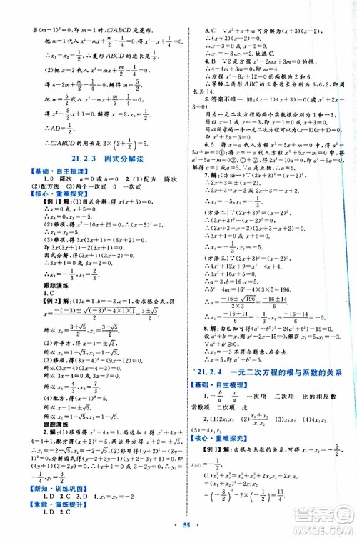 2019年初中同步学习目标与检测数学九年级全一册参考答案