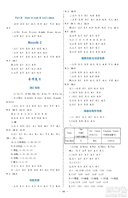 2019年小学同步学习目标与检测英语三年级上册人教版参考答案