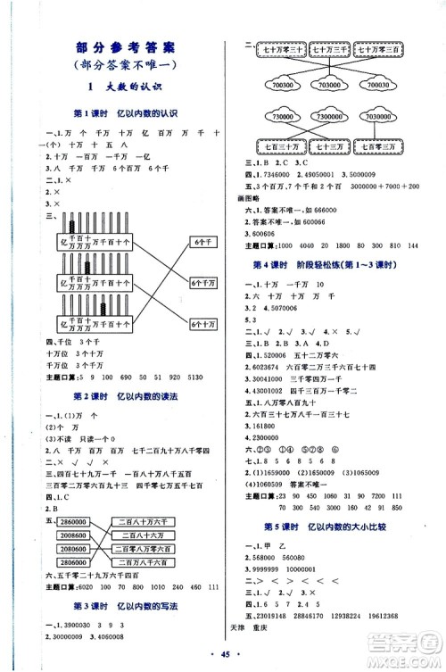 2019年小学同步学习目标与检测数学四年级上册人教版参考答案